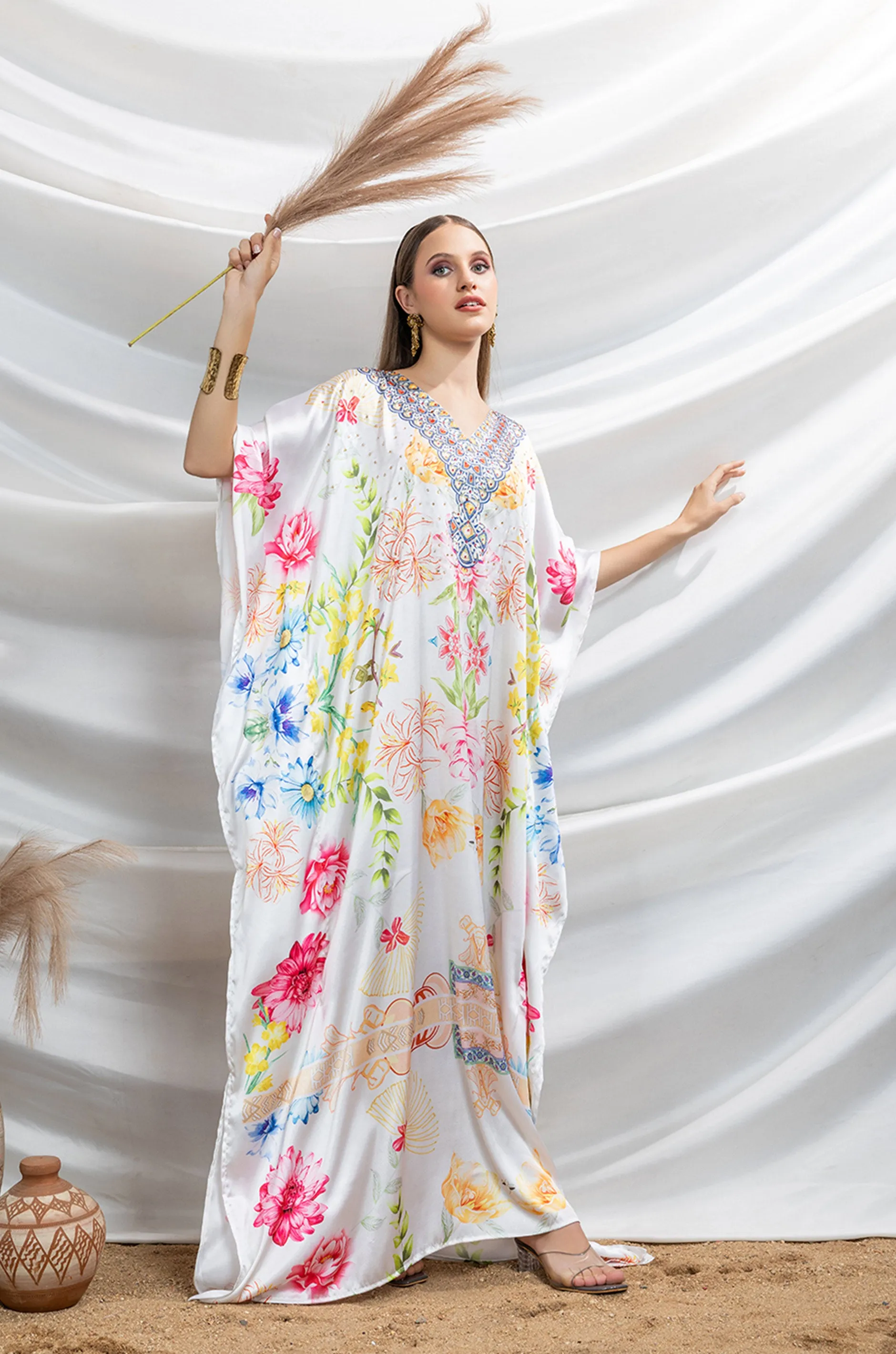 Pearl Glow Soft Satin Women Kaftan with Rhinestones