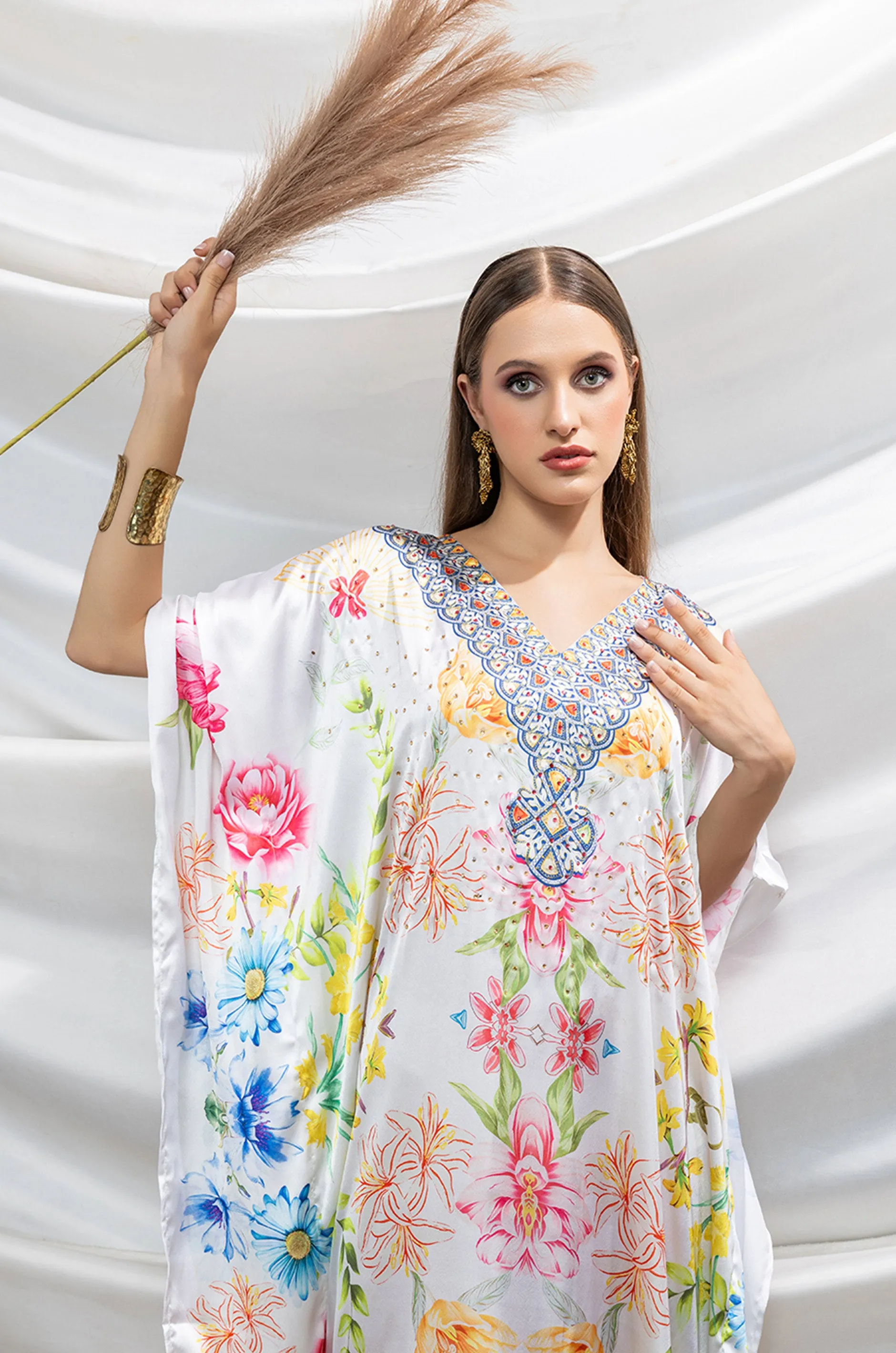 Pearl Glow Soft Satin Women Kaftan with Rhinestones