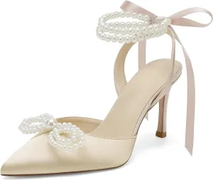 Pearl Heels Wedding Shoes for Bride Bow Wedding Heels Bridal Shoes