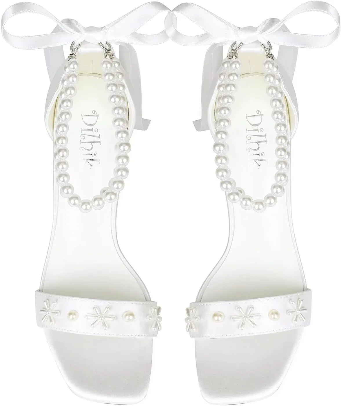 Pearl Heels Wedding Shoes for Bride Open Toe Bridal Shoes White Ivory Heels Chunky Heeled Sandals