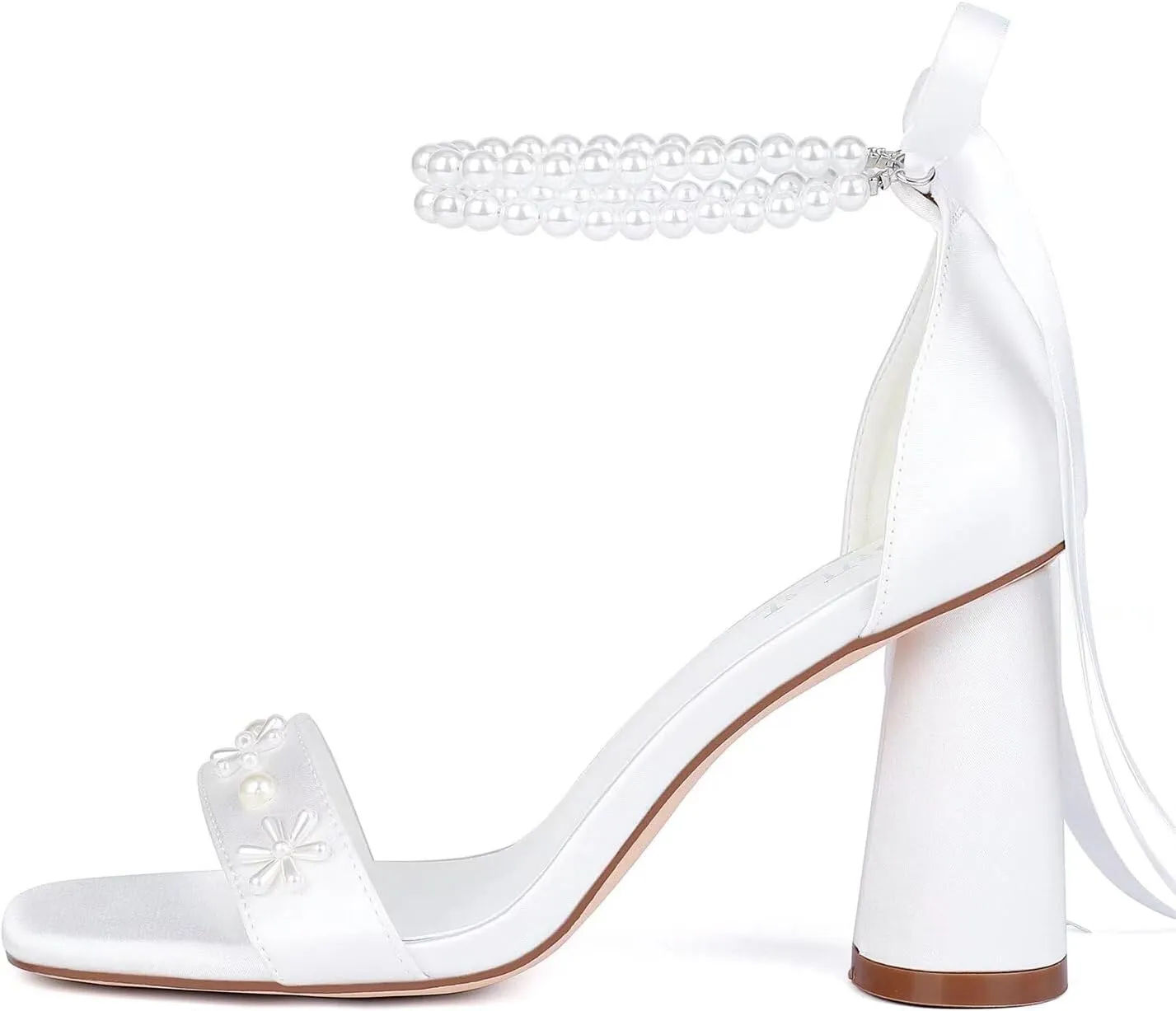 Pearl Heels Wedding Shoes for Bride Open Toe Bridal Shoes White Ivory Heels Chunky Heeled Sandals