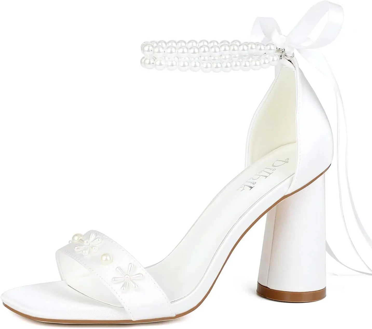 Pearl Heels Wedding Shoes for Bride Open Toe Bridal Shoes White Ivory Heels Chunky Heeled Sandals