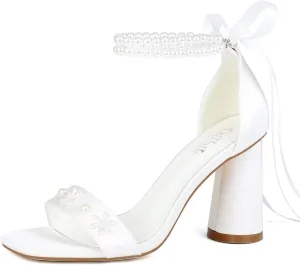 Pearl Heels Wedding Shoes for Bride Open Toe Bridal Shoes White Ivory Heels Chunky Heeled Sandals