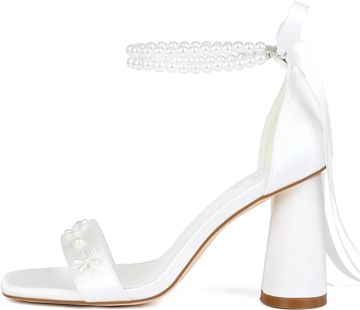 Pearl Heels Wedding Shoes for Bride Open Toe Bridal Shoes White Ivory Heels Chunky Heeled Sandals