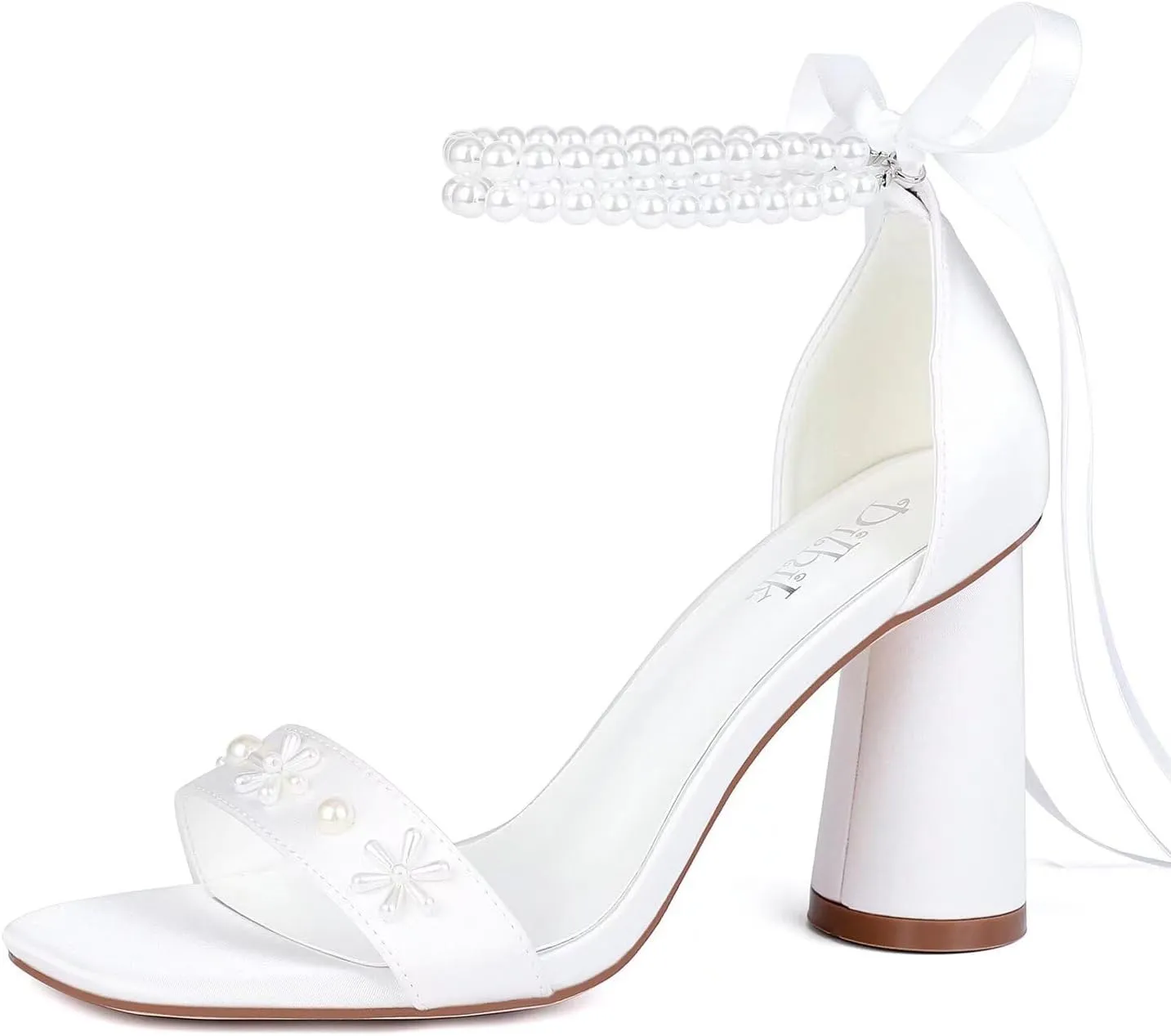 Pearl Heels Wedding Shoes for Bride Open Toe Bridal Shoes White Ivory Heels Chunky Heeled Sandals