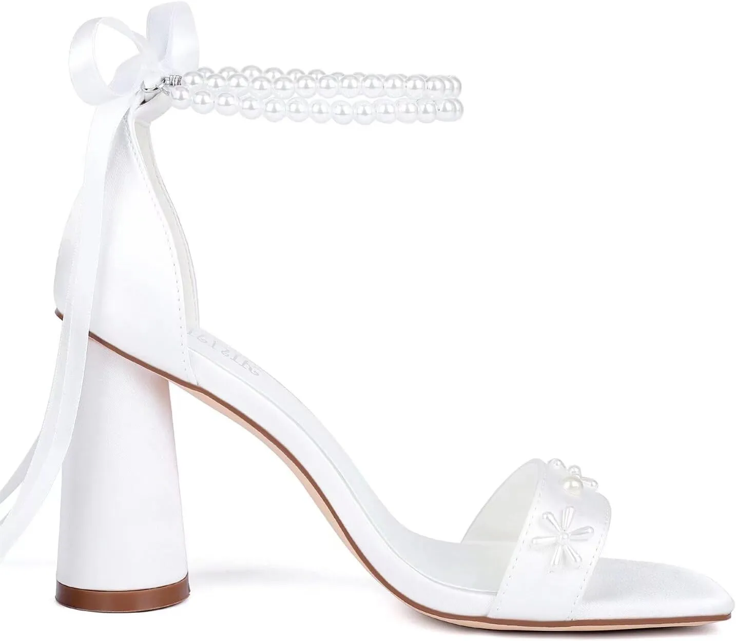 Pearl Heels Wedding Shoes for Bride Open Toe Bridal Shoes White Ivory Heels Chunky Heeled Sandals