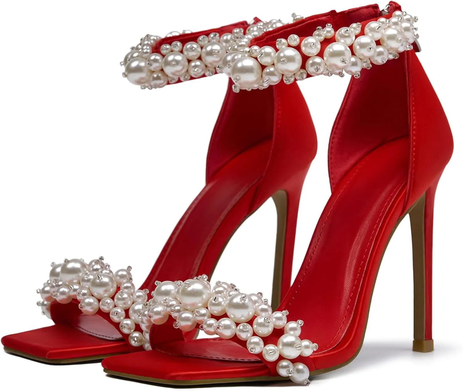Pearl Stiletto Heels for women Satin Strap Open Square Toe Back Zipper High Heels Sandals