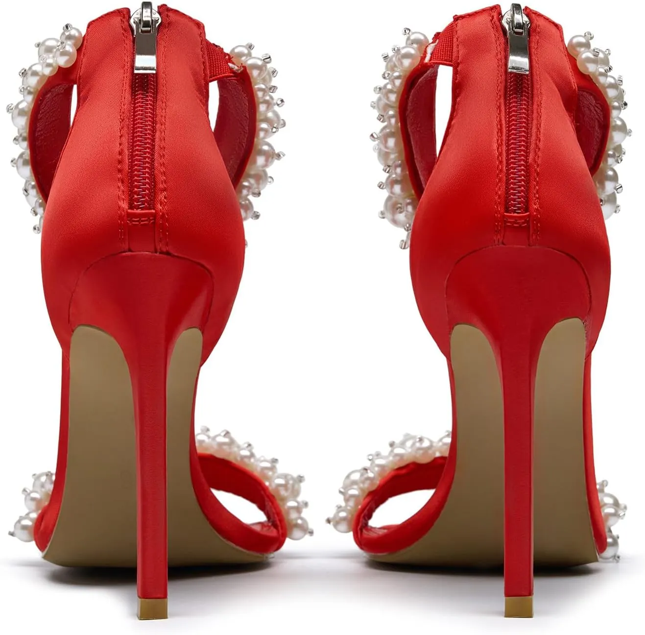 Pearl Stiletto Heels for women Satin Strap Open Square Toe Back Zipper High Heels Sandals