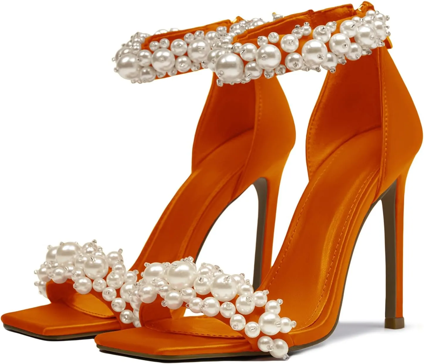 Pearl Stiletto Heels for women Satin Strap Open Square Toe Back Zipper High Heels Sandals