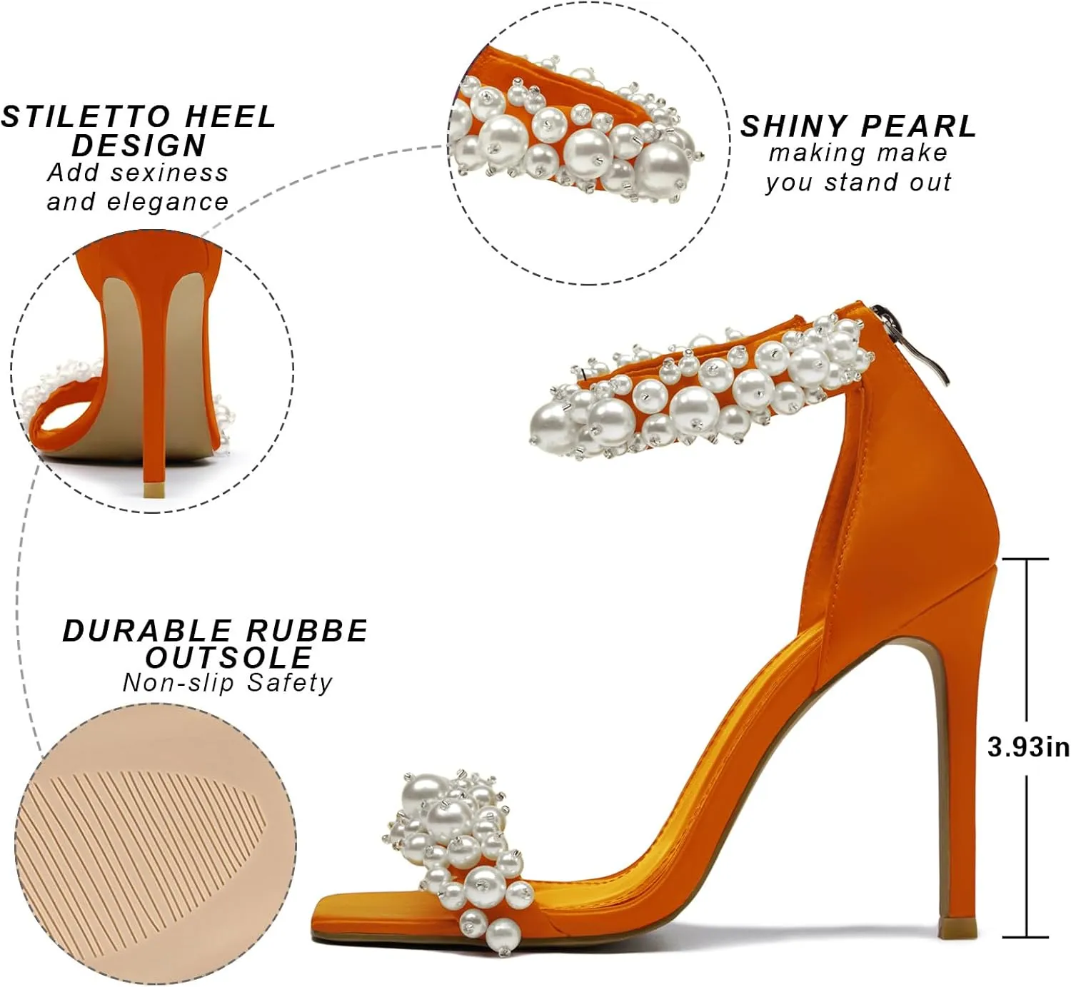 Pearl Stiletto Heels for women Satin Strap Open Square Toe Back Zipper High Heels Sandals