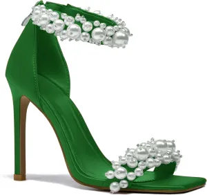 Pearl Stiletto Heels for women Satin Strap Open Square Toe Back Zipper High Heels Sandals