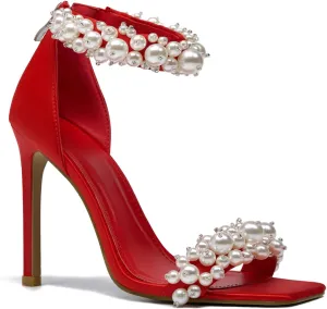 Pearl Stiletto Heels for women Satin Strap Open Square Toe Back Zipper High Heels Sandals