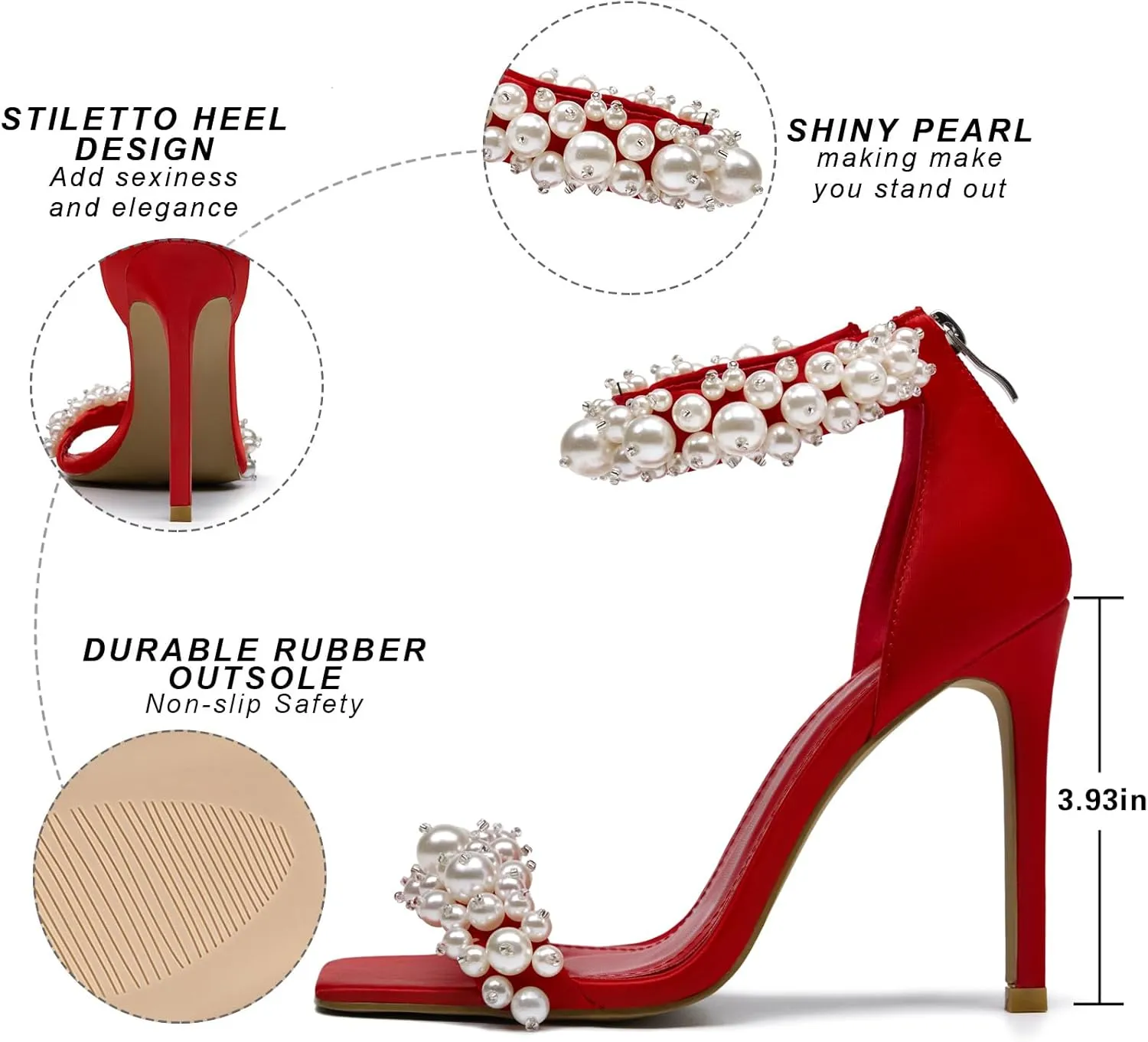 Pearl Stiletto Heels for women Satin Strap Open Square Toe Back Zipper High Heels Sandals