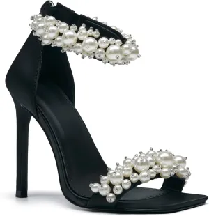 Pearl Stiletto Heels for women Satin Strap Open Square Toe Back Zipper High Heels Sandals