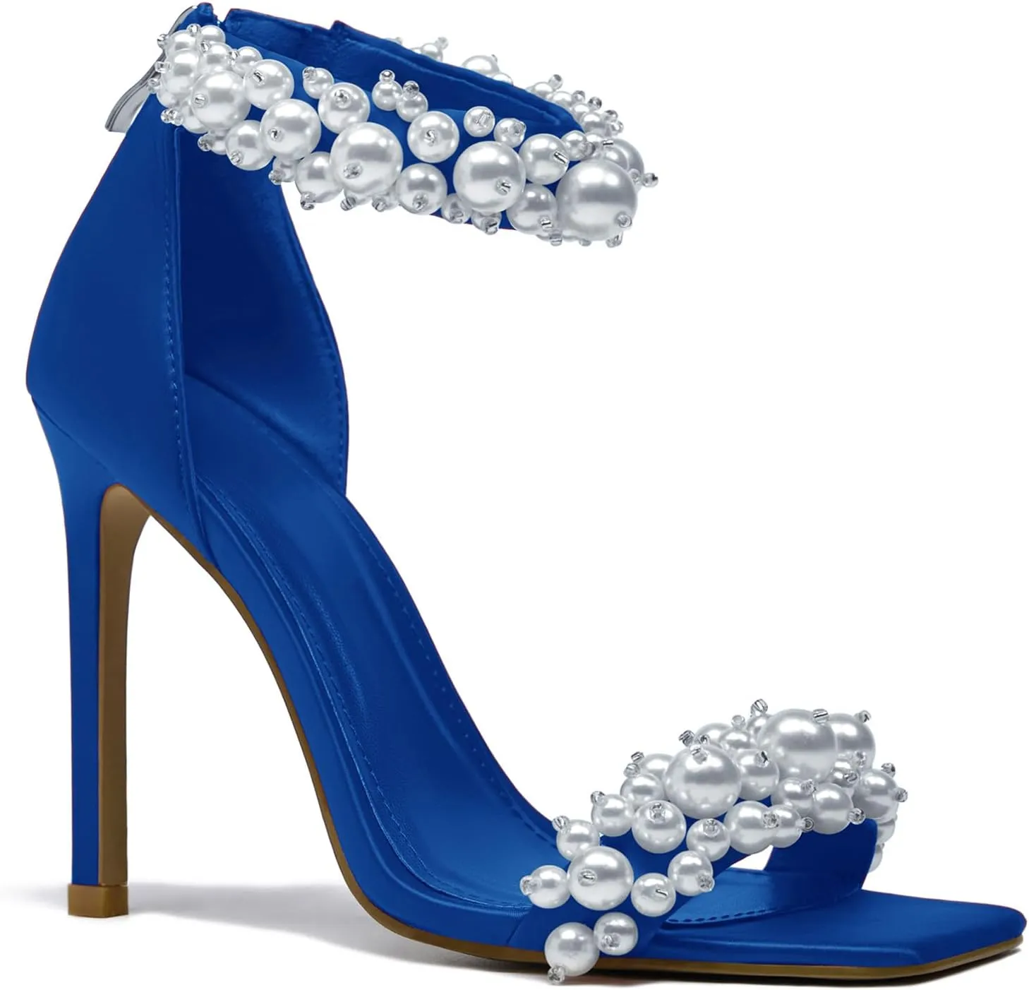 Pearl Stiletto Heels for women Satin Strap Open Square Toe Back Zipper High Heels Sandals