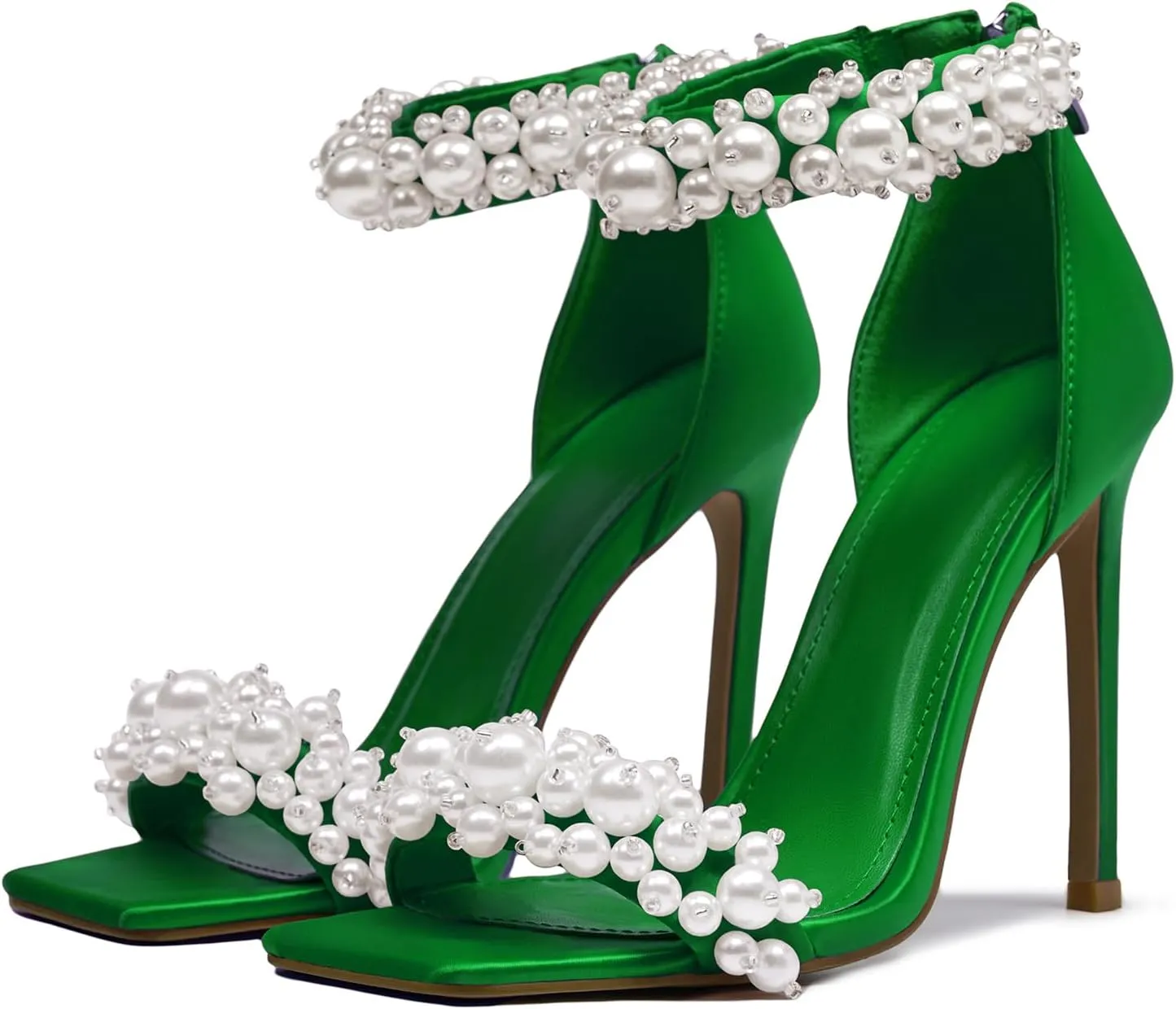 Pearl Stiletto Heels for women Satin Strap Open Square Toe Back Zipper High Heels Sandals