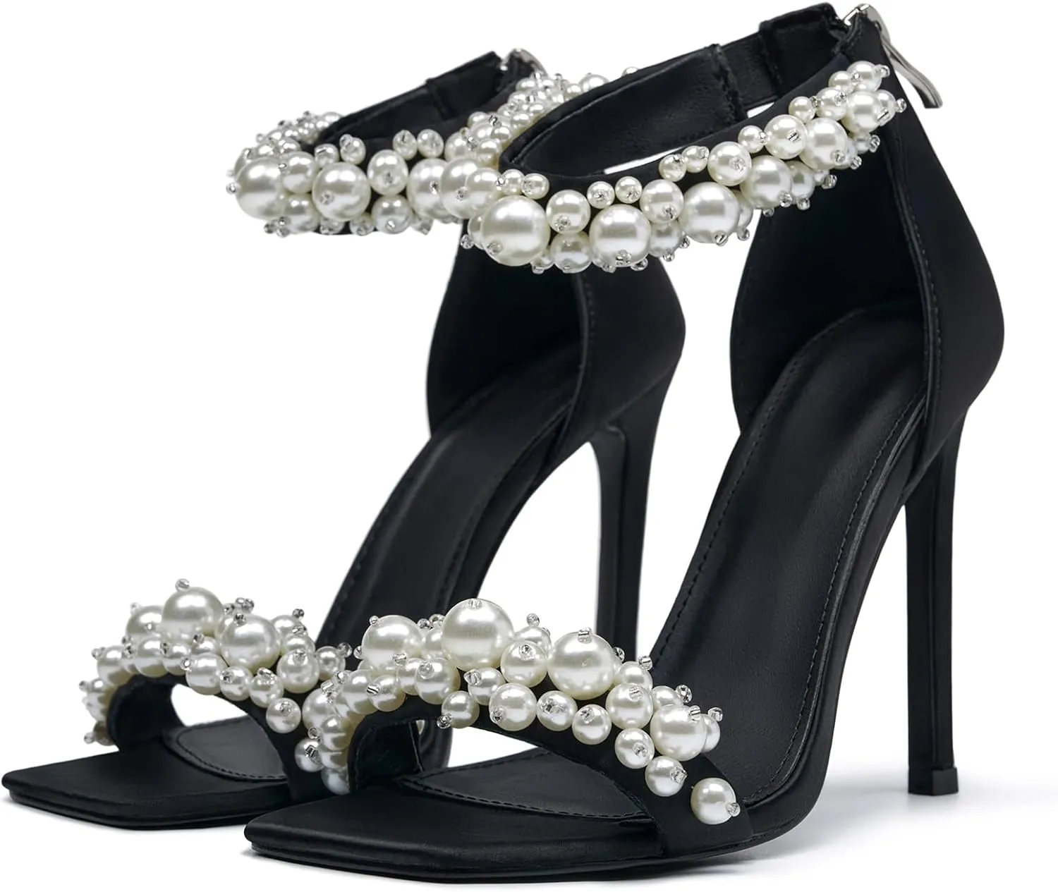 Pearl Stiletto Heels for women Satin Strap Open Square Toe Back Zipper High Heels Sandals