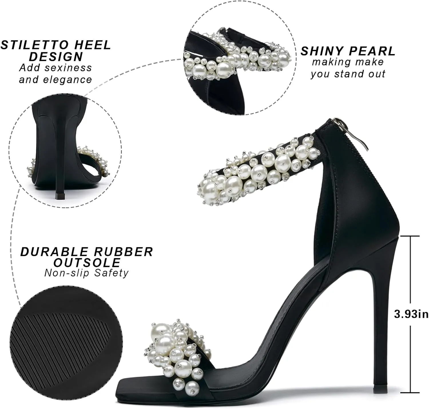 Pearl Stiletto Heels for women Satin Strap Open Square Toe Back Zipper High Heels Sandals