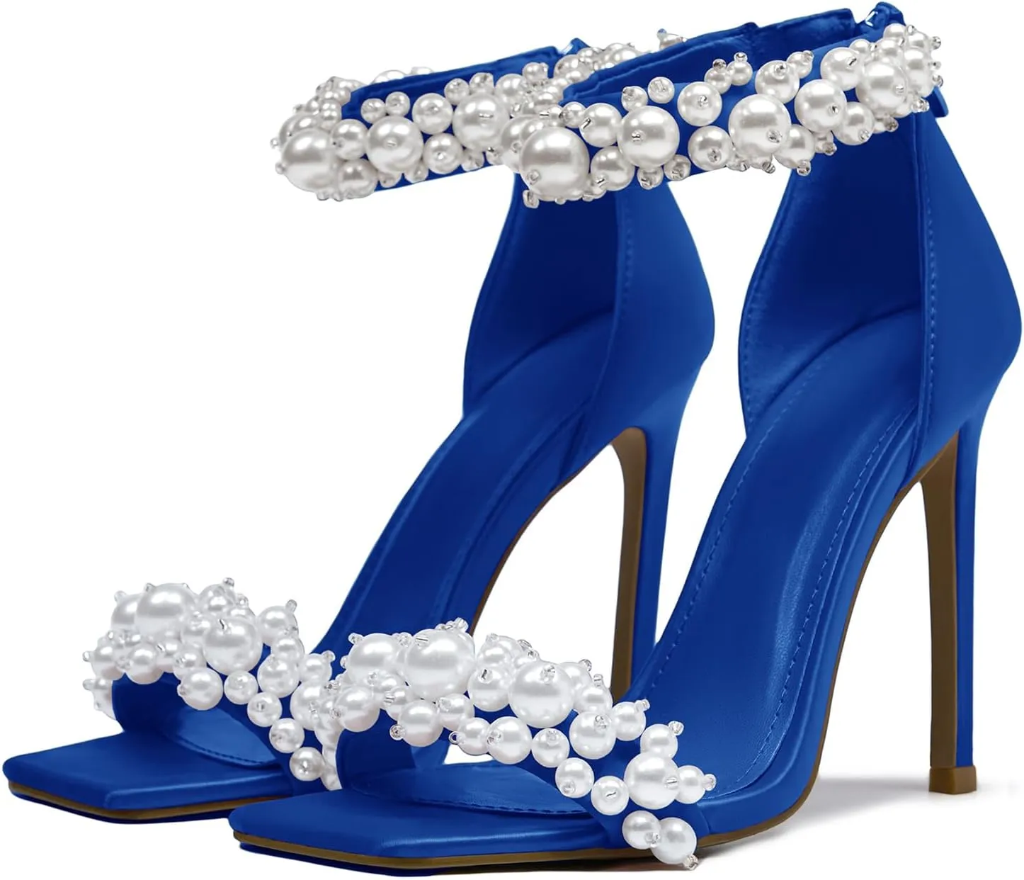 Pearl Stiletto Heels for women Satin Strap Open Square Toe Back Zipper High Heels Sandals