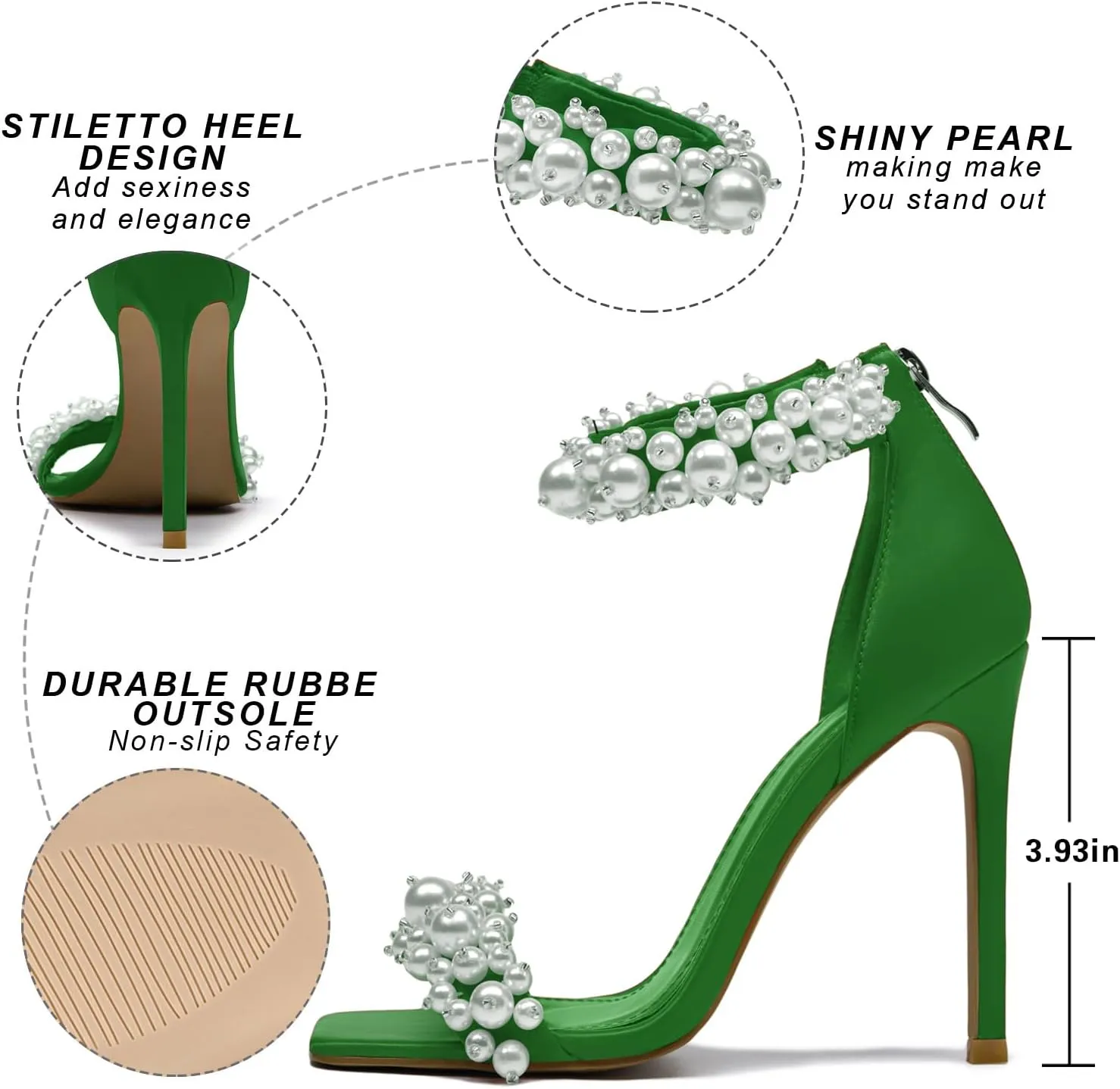 Pearl Stiletto Heels for women Satin Strap Open Square Toe Back Zipper High Heels Sandals