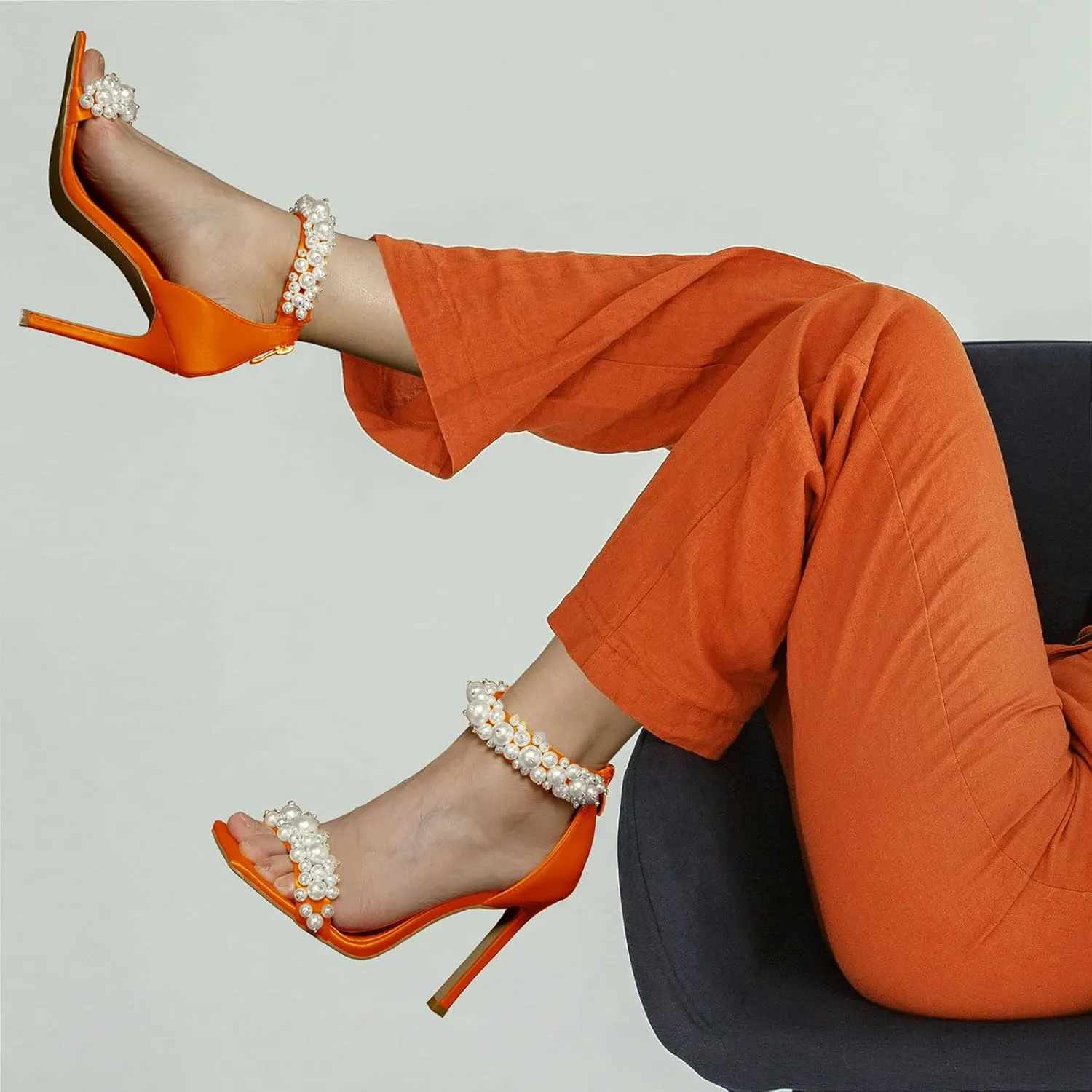 Pearl Stiletto Heels for women Satin Strap Open Square Toe Back Zipper High Heels Sandals