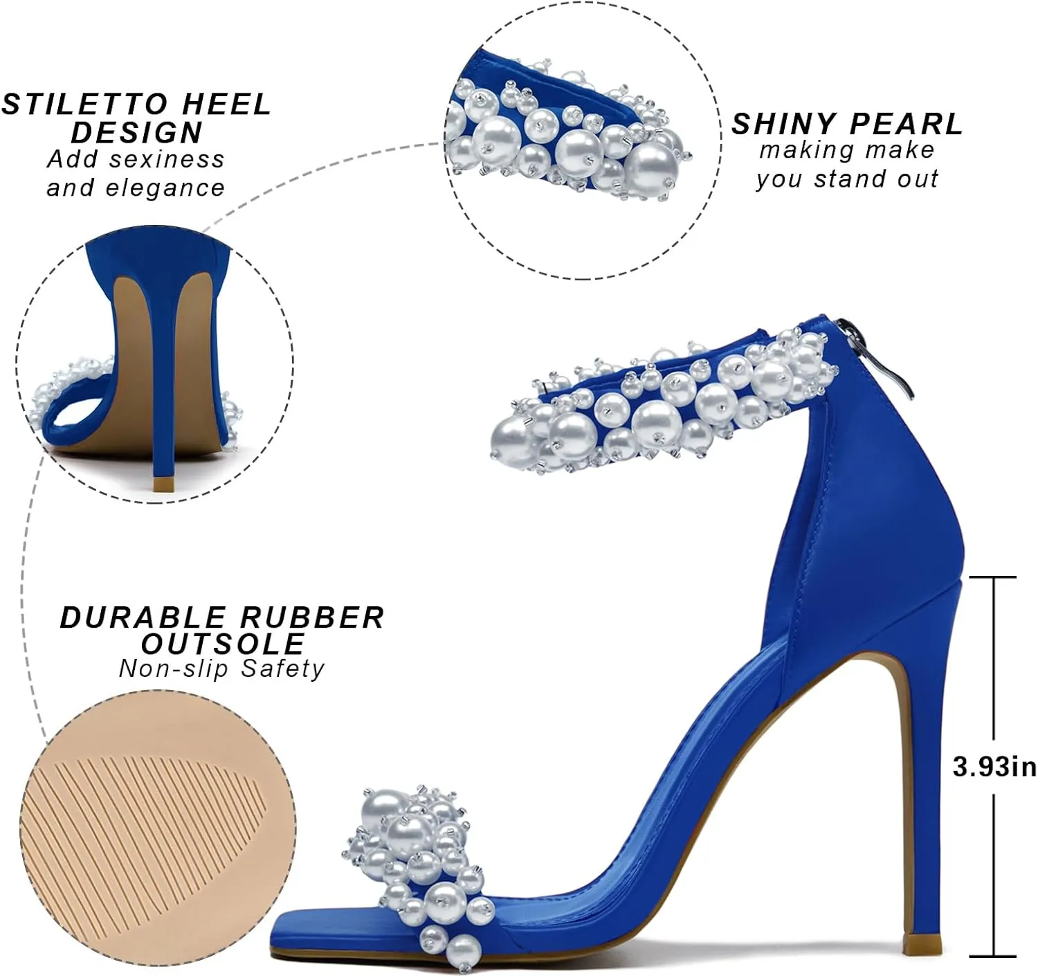 Pearl Stiletto Heels for women Satin Strap Open Square Toe Back Zipper High Heels Sandals