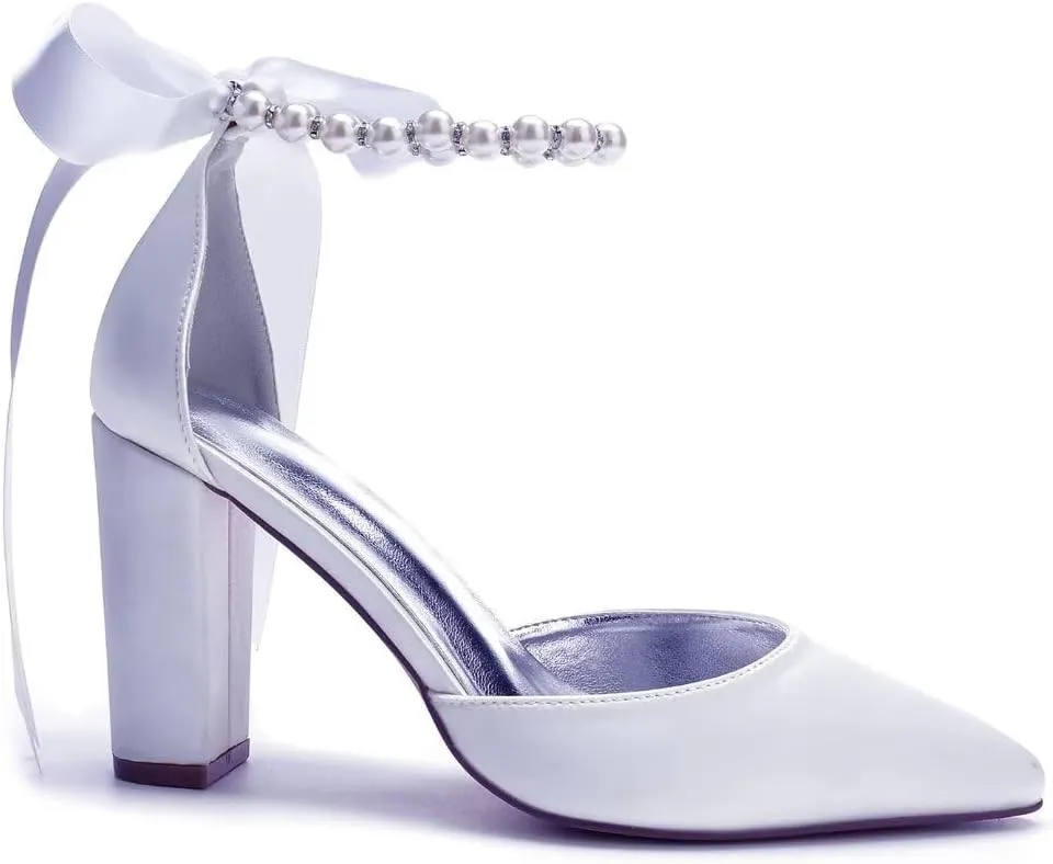 Pearl Wedding Shoes Block Heel Bridal Shoes Closed Toe Wedding Heels for Bride