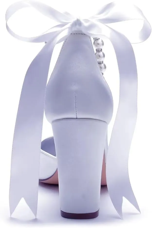 Pearl Wedding Shoes Block Heel Bridal Shoes Closed Toe Wedding Heels for Bride