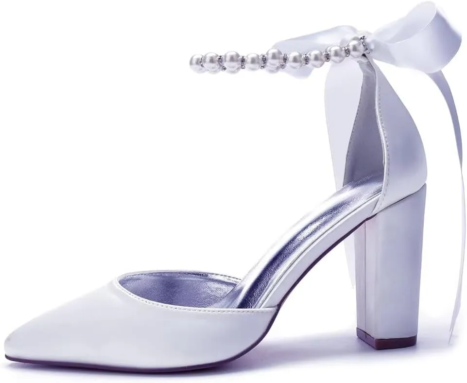 Pearl Wedding Shoes Block Heel Bridal Shoes Closed Toe Wedding Heels for Bride