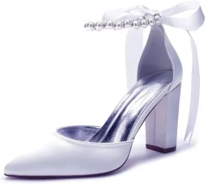 Pearl Wedding Shoes Block Heel Bridal Shoes Closed Toe Wedding Heels for Bride