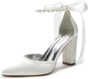 Pearl Wedding Shoes for Bride Chunky Heel Poined Toe Wedding Block Heels Prom Evening Pumps