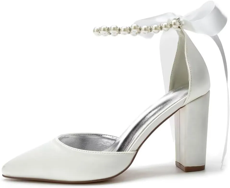 Pearl Wedding Shoes for Bride Chunky Heel Poined Toe Wedding Block Heels Prom Evening Pumps