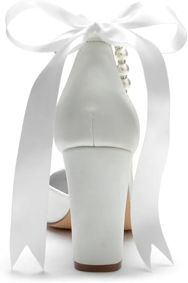 Pearl Wedding Shoes for Bride Chunky Heel Poined Toe Wedding Block Heels Prom Evening Pumps