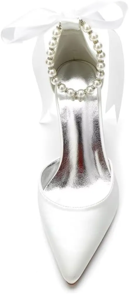Pearl Wedding Shoes for Bride Chunky Heel Poined Toe Wedding Block Heels Prom Evening Pumps