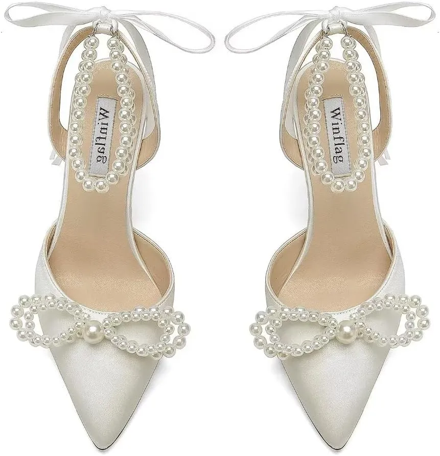 Pearl Wedding Shoes for Bride High Heel Bridal Shoes Closed Toe Wedding Heels