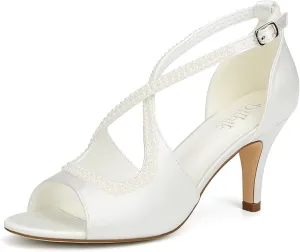 Pearl Wedding Shoes for Bride Open Toe Bridal Shoes Cross Strap Wedding Sandals
