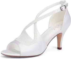 Pearl Wedding Shoes for Bride Open Toe Bridal Shoes Cross Strap Wedding Sandals