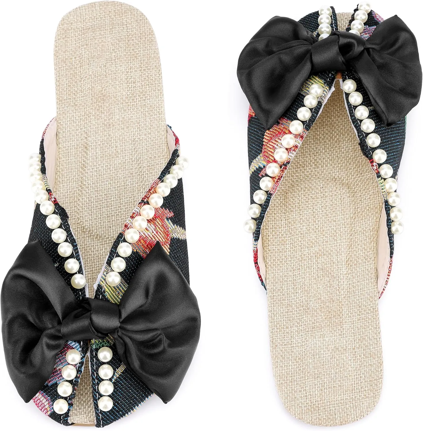Perphy Floral Printed Peep Toe Slip on Pearl Flat Shoes Slides Mules for Women