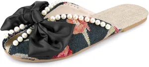 Perphy Floral Printed Peep Toe Slip on Pearl Flat Shoes Slides Mules for Women