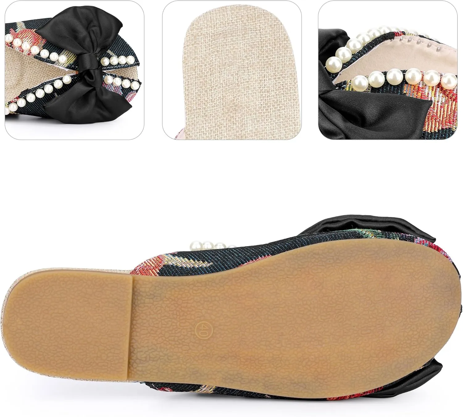 Perphy Floral Printed Peep Toe Slip on Pearl Flat Shoes Slides Mules for Women