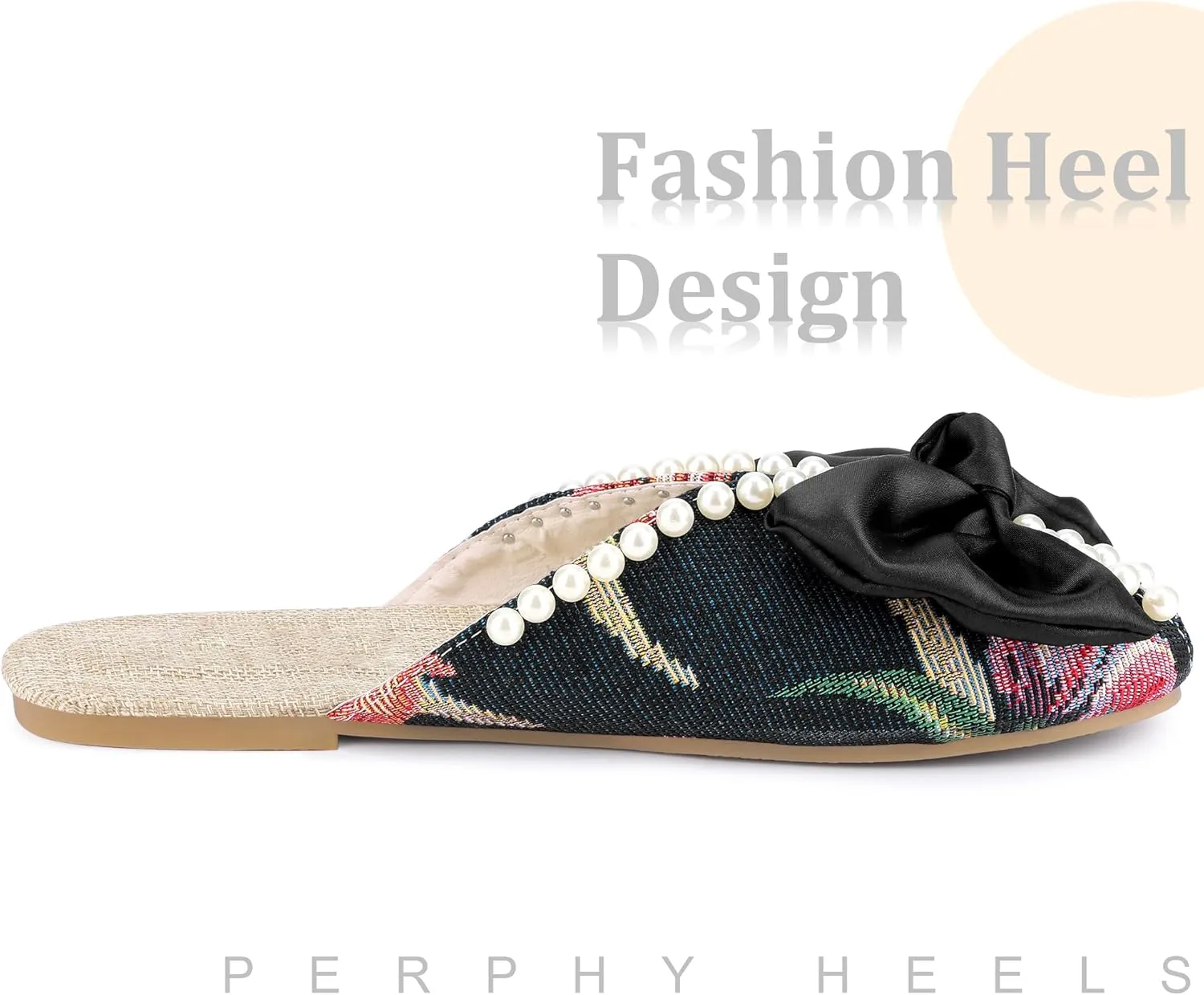 Perphy Floral Printed Peep Toe Slip on Pearl Flat Shoes Slides Mules for Women