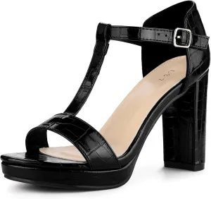 Perphy Platform Heel Print Embossed Ankle t Strap Chunky Heels Sandals for Women