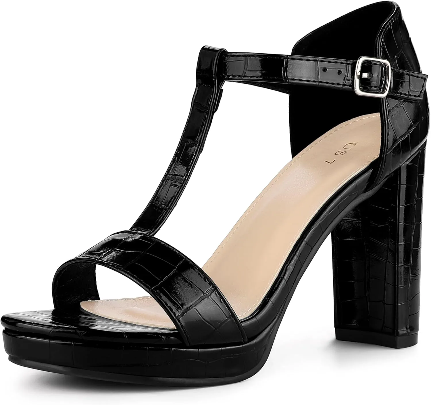 Perphy Platform Heel Print Embossed Ankle t Strap Chunky Heels Sandals for Women