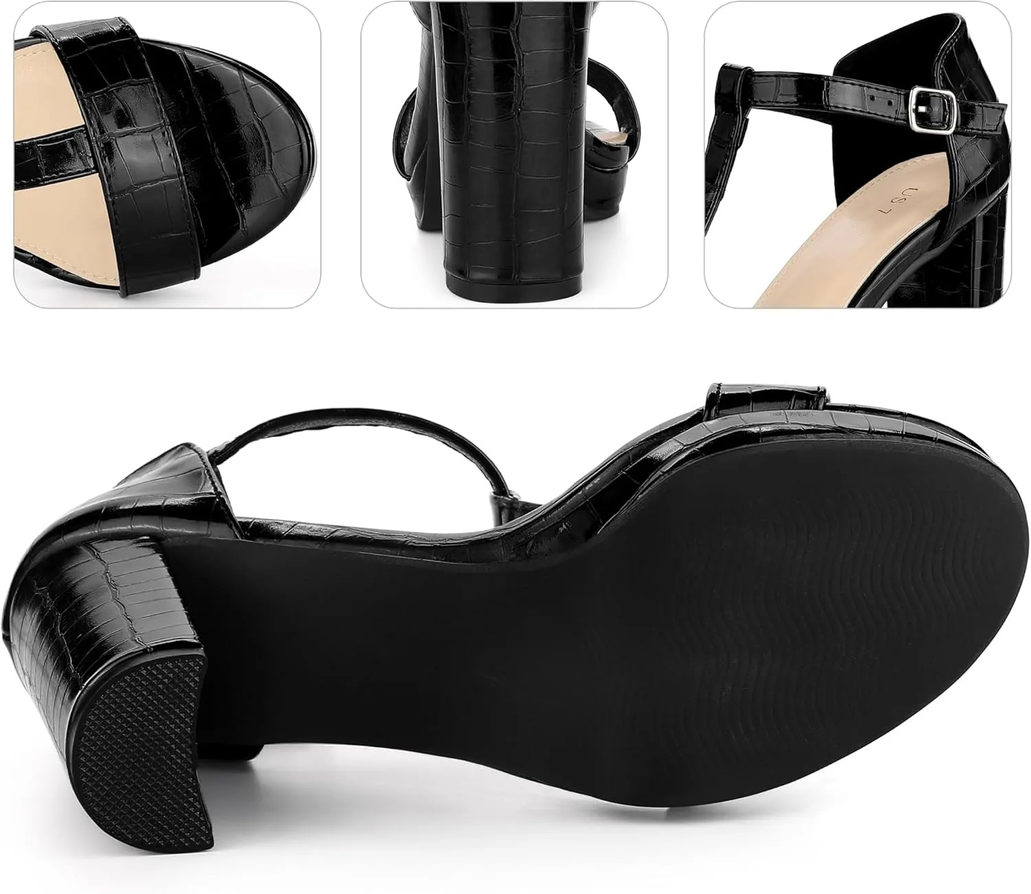 Perphy Platform Heel Print Embossed Ankle t Strap Chunky Heels Sandals for Women
