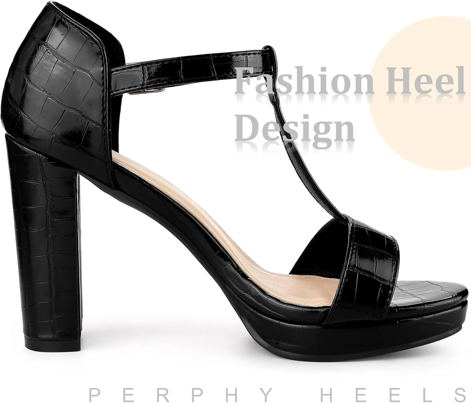 Perphy Platform Heel Print Embossed Ankle t Strap Chunky Heels Sandals for Women