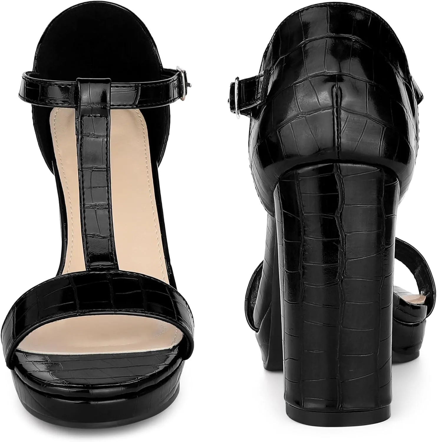 Perphy Platform Heel Print Embossed Ankle t Strap Chunky Heels Sandals for Women