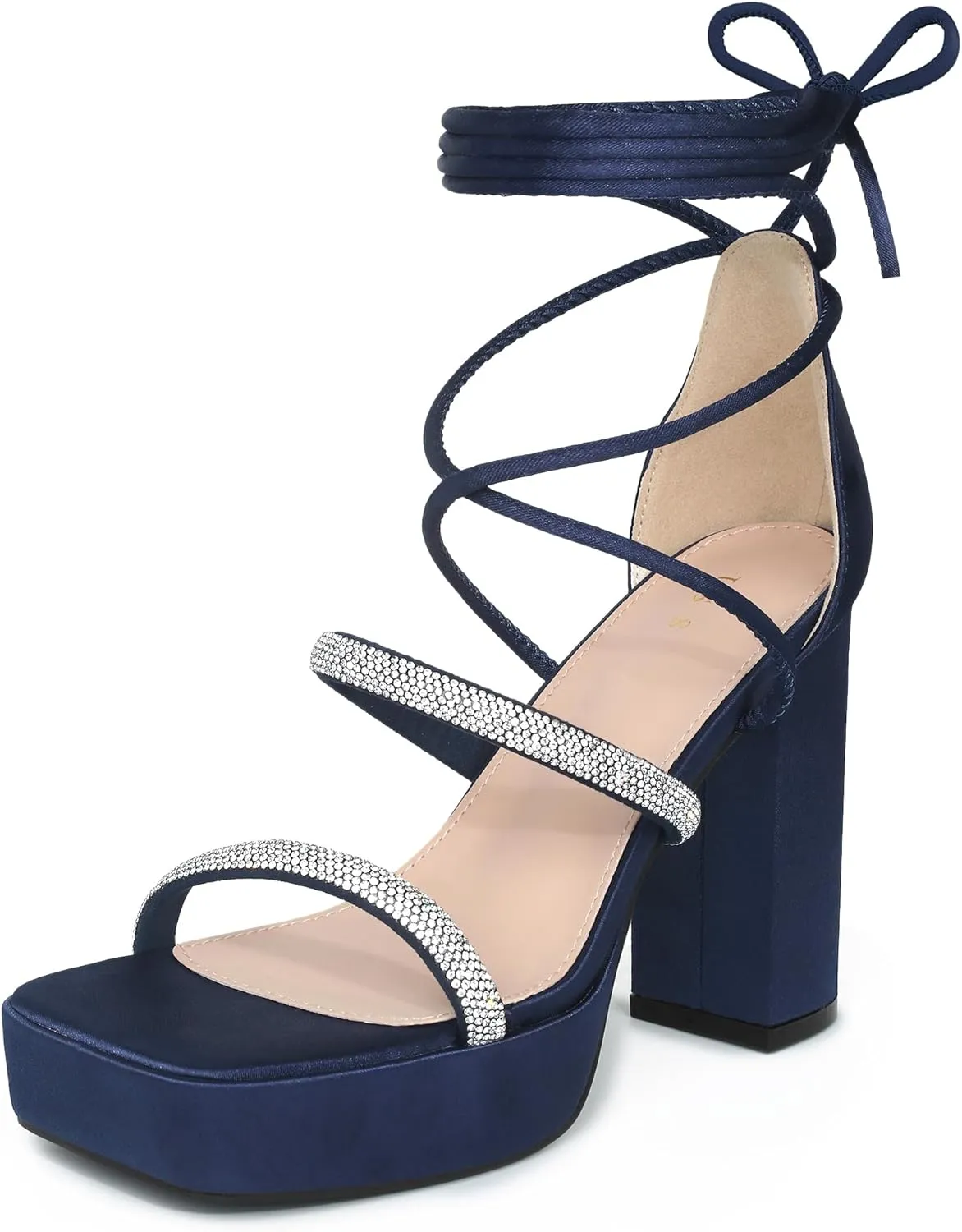 Perphy Rhinestone Platform Lace Up Chunky Heels Sandals for Women