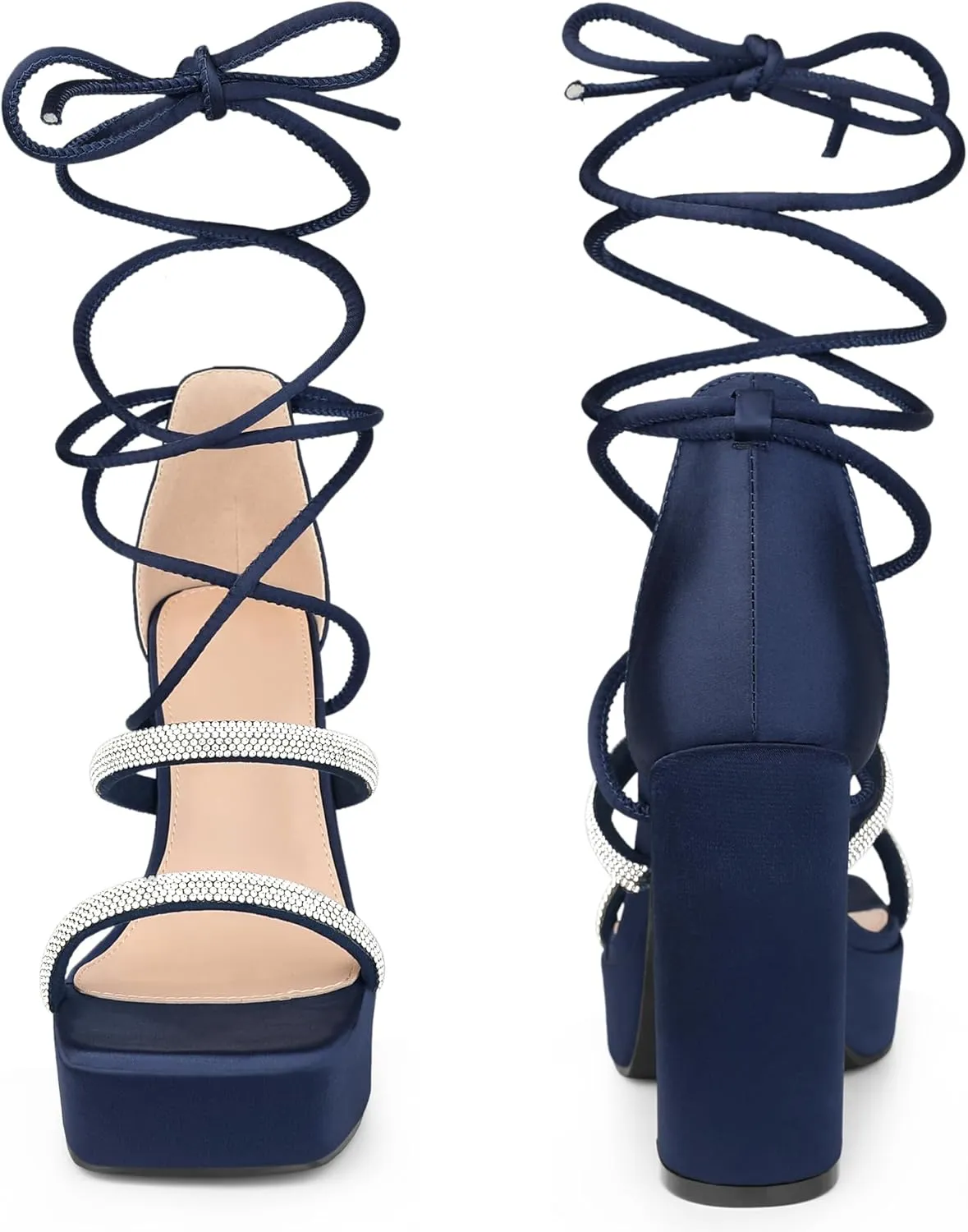 Perphy Rhinestone Platform Lace Up Chunky Heels Sandals for Women