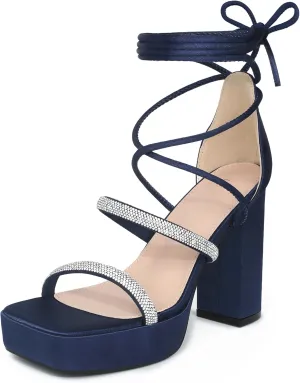 Perphy Rhinestone Platform Lace Up Chunky Heels Sandals for Women