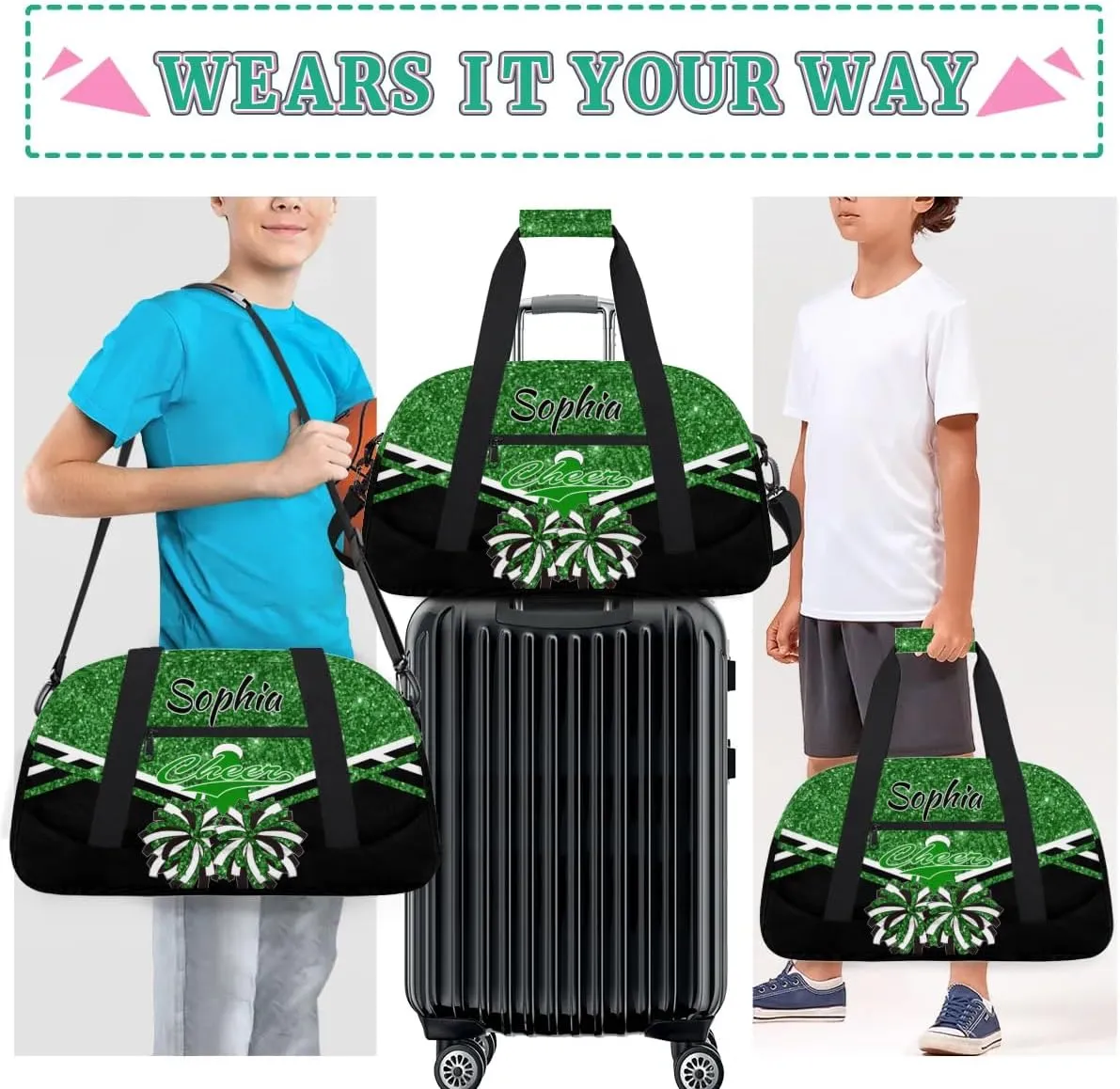 Personalised Name Cheer Cheerleader Bags, Custom Dancing Sports Duffle Bag Gym Cheerleading Bag Travel Duffel Perform Training Bag, Overnight Weekender Bags, Dark Green Glitter (No Glitter)